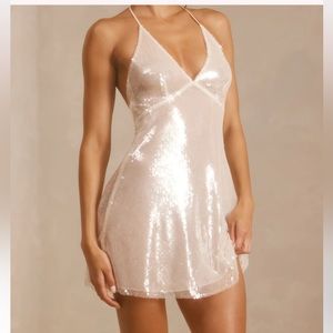 Oh Polly - Livia Sheer Sequin Plunge Halter Neck A-Line Mini Dress in White